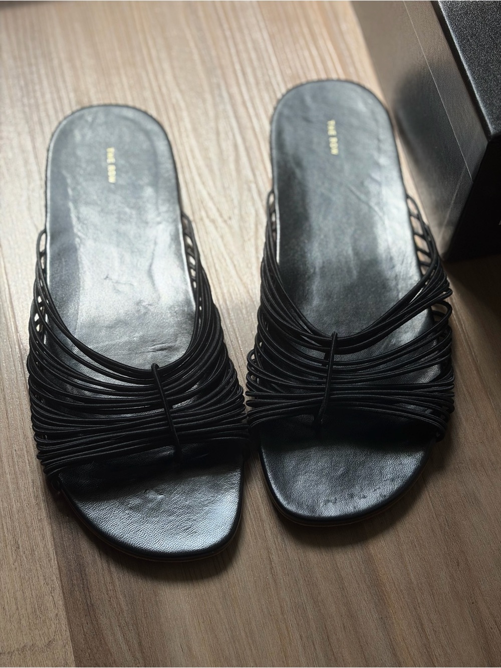 The Row Sara Black Multi-Strap Leather Slide Sandals